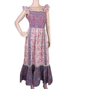 Haute Hippie Women Boho Peasant Flutter Sleeve Backless Tiered Maxi Dress Size